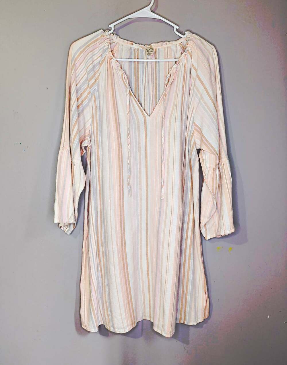 LOFT Beach Women's M Striped Multicolor V-Neck Tie Ruffle beach 3/4 dress